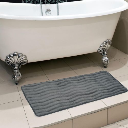  Lavish Home Microfiber Memory Foam Bathmat  Oversized Padded Nonslip Accent Rug for Bathroom, Kitchen, Laundry Room, Wave Pattern (Platinum)