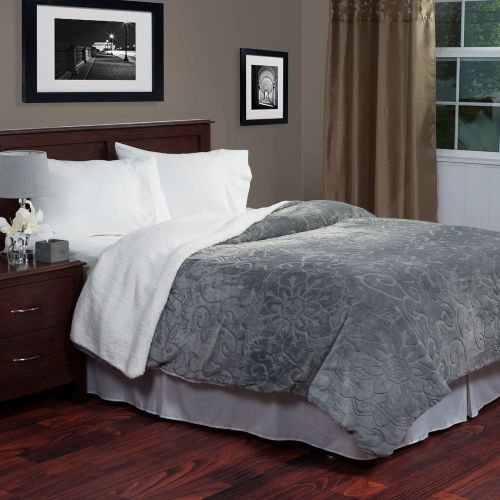  Lavish Home Floral Etched Fleece Blanket with Sherpa, King, Grey