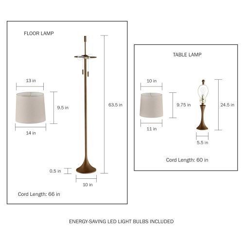  Lavish Home Table and Floor Lamps  Set of 3 Mid-Century Modern Metal Flared Trumpet Base with Energy Efficient LED Light Bulbs Included (Bronze)