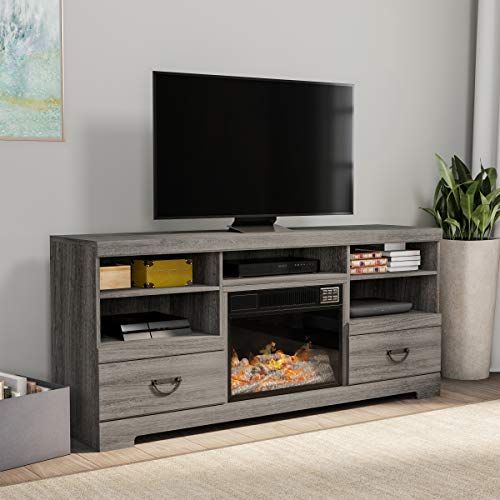  Electric Fireplace TV Stand- for TVs up to 65, Media Shelves & 2 Drawers, Remote Control, LED Flames, Adjustable Heat & Light by Lavish Home