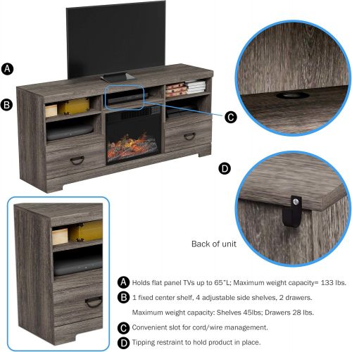  Electric Fireplace TV Stand- for TVs up to 65, Media Shelves & 2 Drawers, Remote Control, LED Flames, Adjustable Heat & Light by Lavish Home