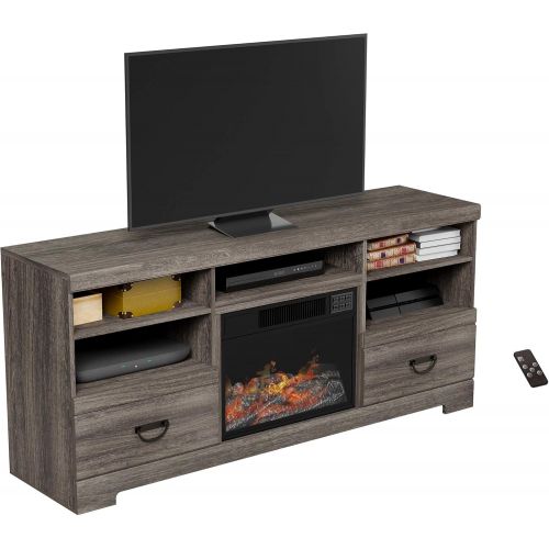  Electric Fireplace TV Stand- for TVs up to 65, Media Shelves & 2 Drawers, Remote Control, LED Flames, Adjustable Heat & Light by Lavish Home