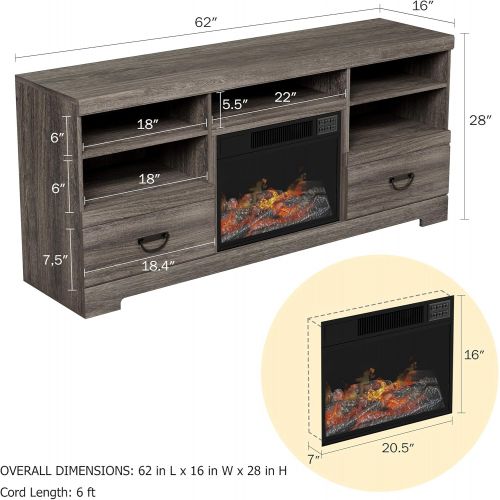  Electric Fireplace TV Stand- for TVs up to 65, Media Shelves & 2 Drawers, Remote Control, LED Flames, Adjustable Heat & Light by Lavish Home