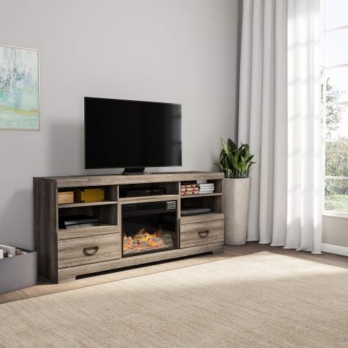  Electric Fireplace TV Stand- for TVs up to 65, Media Shelves & 2 Drawers, Remote Control, LED Flames, Adjustable Heat & Light by Lavish Home