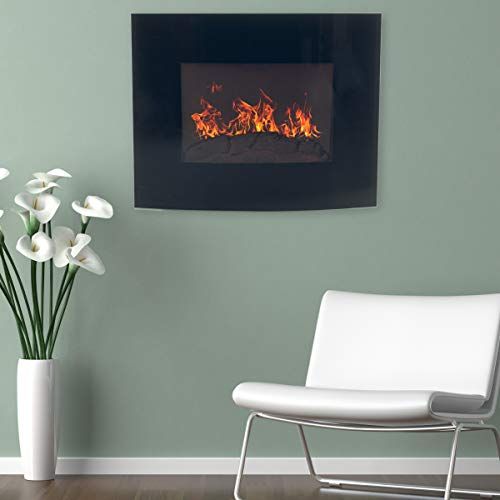  25-Inch Curved Electric Fireplace - Wall Mount, Adjustable Heat, Dimmer, Faux Logs, and Remote Control by Lavish Home (Black)