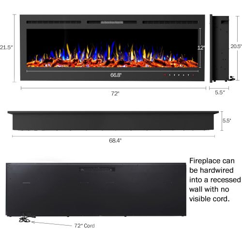  72A” Electric Fireplace-Front Vent, Wall Mount or Recessed-3 Color LED Flame, 10 Fuel Bed Colors & 3 Media-Touch Screen & Remote Control by Lavish Home