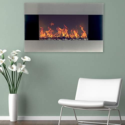  36-Inch Electric Fireplace - Wall Mount, Adjustable Heat, Dimmer, and Remote Control by Lavish Home (Stainless Steel)