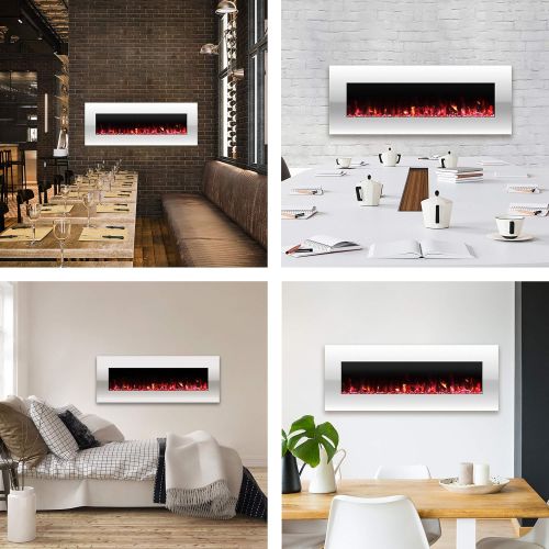  54” Electric Fireplace - Wall Mount - 10 Color LED Flame, 3 Media Options, Dimmer, Side Control Panel, and Remote Control by Lavish Home (White)