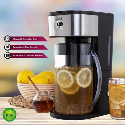  Lavo Home Iced Tea Cold Brew Iced Coffee Maker with Sliding Brew Strength Selector, Loose Tea Filter, Brew Basket and 64 Oz Capacity Pitcher - for Fruit Infused Tea or Lemonade
