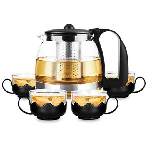  Lawei 700 ml Teekanne Set mit Hitzebestandig Edelstahl Filter & 4 Glasern aus Glas fuer Losen Tee Kaffee