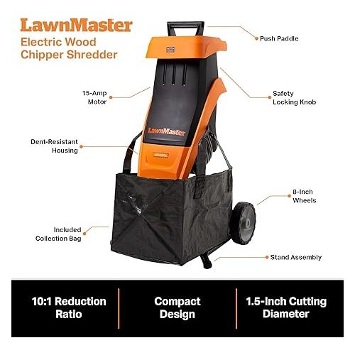  LawnMaster FD1501 Electric Wood Chipper Shredder 15-Amp 1.5-Inch Cutting Diameter Max 10:1 Reduction