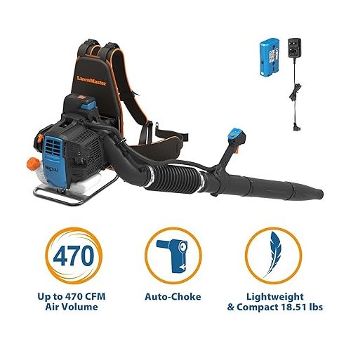  LawnMaster NPTBL31AB No-Pull Backpack Leaf Blower, Gas-Powered with Electric Start, 31cc 2-Cycle Engine, 470CFM, 175MPH