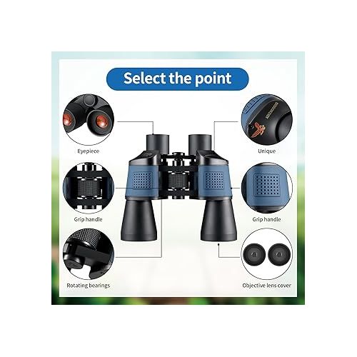  Binoculars for Adults 20x50，80 * 80 High Power Binoculars for Adults with Low Light Night Vision, Compact Waterproof Binoculars Telescope for Hunting Bird Watching Travel Football Games (Black+Blue)