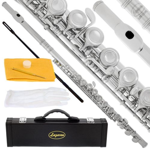  Lazarro 120-NK Professional Silver Nickel Closed Hole C Flute with Case, Care Kit-Great for Band, Orchestra,Schools