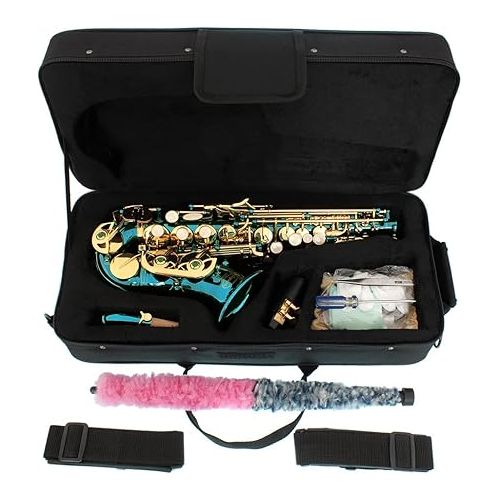  Sea Blue-Gold Keys Bb B-Flat Curved Soprano Saxophone Sax Lazarro+11 Reeds,Care Kit~24 COLORS Available-320-SB