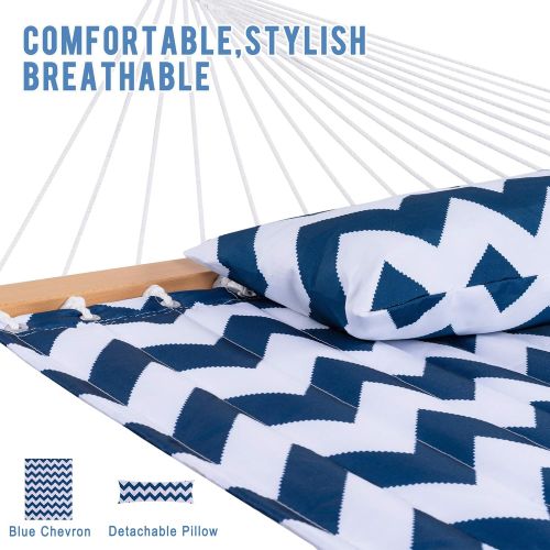  [아마존베스트]Lazy Daze Hammocks Quilted Fabric Hammock Hardwood Spreader Bar Poly Pillow, 55 Double Size, Blue Chevron Stripe