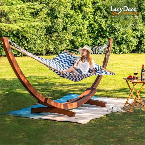  [아마존베스트]Lazy Daze Hammocks Quilted Fabric Hammock Hardwood Spreader Bar Poly Pillow, 55 Double Size, Blue Chevron Stripe