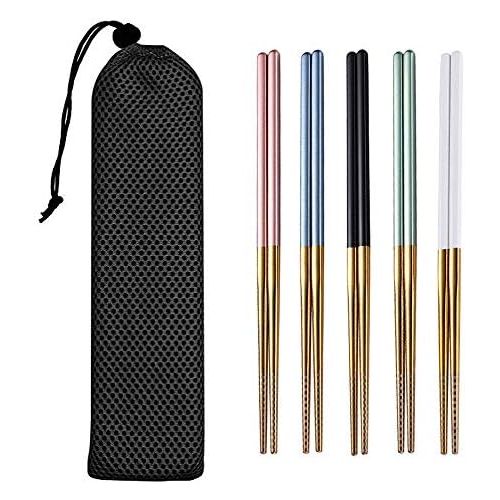  [아마존베스트]Lazycorner Chopsticks Reusable Dishwasher Safe, 8 1/4 Inches Lightweight, Square Handle 5 Pairs Metal Chopsticks Set with Bag, Premium Stainless Steel Chop Sticks for Eating (5Colors+Gold)