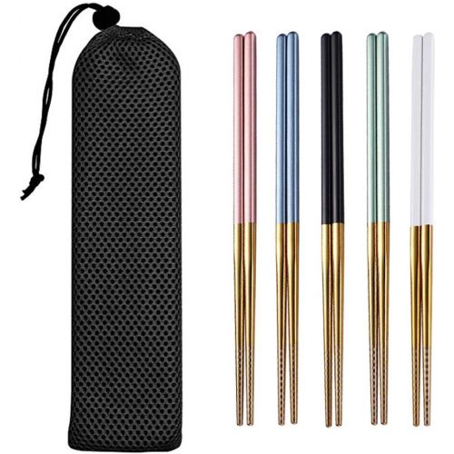  [아마존베스트]Lazycorner Chopsticks Reusable Dishwasher Safe, 8 1/4 Inches Lightweight, Square Handle 5 Pairs Metal Chopsticks Set with Bag, Premium Stainless Steel Chop Sticks for Eating (5Colors+Gold)