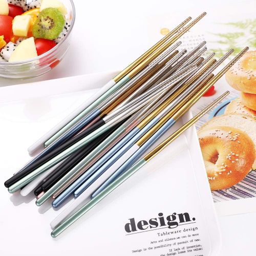  [아마존베스트]Lazycorner Chopsticks Reusable Dishwasher Safe, 8 1/4 Inches Lightweight, Square Handle 5 Pairs Metal Chopsticks Set with Bag, Premium Stainless Steel Chop Sticks for Eating (5Colors+Gold)