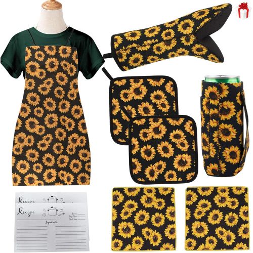  [아마존베스트]Ldntly 8PCS Sunflower Decor Themed Kitchen Set,1 Sunflower Waterproof Apron,2 Absorbent Towels,1 Oven Mitts,2 Pot Holders,1 12oz Slim Can Cooler,1 Keychain,Cooking Gift,Mom Gift,We