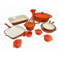 Le Chef 21-Piece Enameled Cast Iron Orange Cookware Set.
