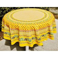 Le Cluny French Linens Le Cluny, Olives and Mimosas, Yellow, French Provence 100 Percent COATED Cotton Tablecloth, 70 Inch Round