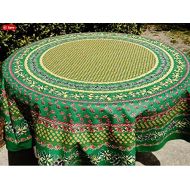Le Cluny French Linens Le Cluny, Olives and Mimosas, Green, French Provence 100 Percent Coated Cotton Tablecloth, 70 Inch Round