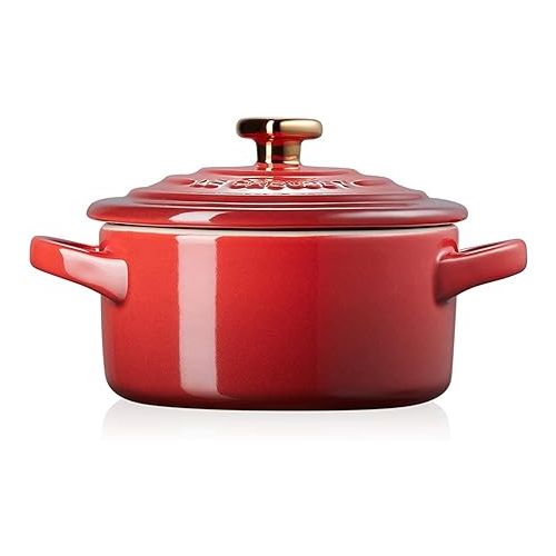 르크루제 Le Creuset Cerise with Gold Heart Knob Stoneware Mini Round Cocotte, 8 oz