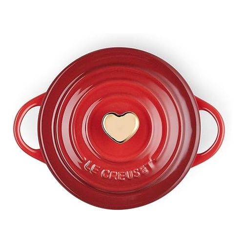 르크루제 Le Creuset Cerise with Gold Heart Knob Stoneware Mini Round Cocotte, 8 oz