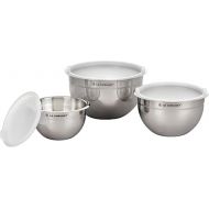 Le Creuset Set of 3 Nested Mixing Bowls w/Nonslip Silicone Base & Plastic Air Tight Lids, Large, Stainless Steel