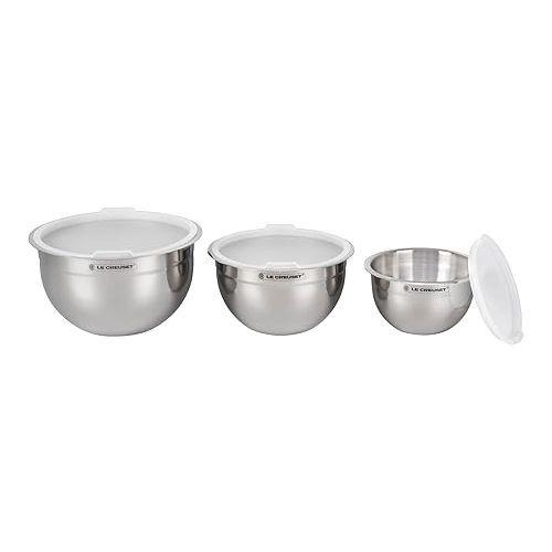 르크루제 Le Creuset Set of 3 Nested Mixing Bowls w/Nonslip Silicone Base & Plastic Air Tight Lids, Large, Stainless Steel