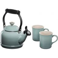 Le Creuset Enamel On Steel Demi Kettle with Metal Finishes & Stoneware Set of 2 Mugs, 1.25 qt. Kettle & (2) 14 oz. Mugs, Sea Salt