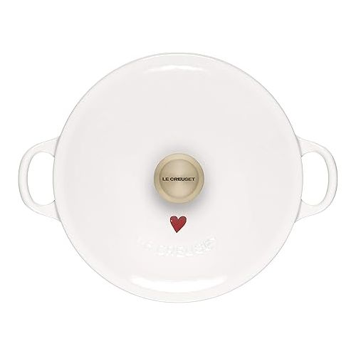 르크루제 Le Creuset L'Amour Enameled Cast Iron Soup Pot, 2.75 Quarts, White with Heart Applique & Light Gold Knob