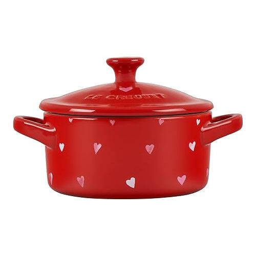 르크루제 Le Creuset L'Amour Collection Stoneware Mini Round Cocotte, 8oz., Cerise with Heart Applique