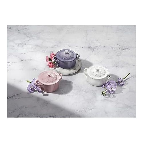 르크루제 Le Creuset Stoneware Mini Round Cocotte with Flower Lid, 8oz., White