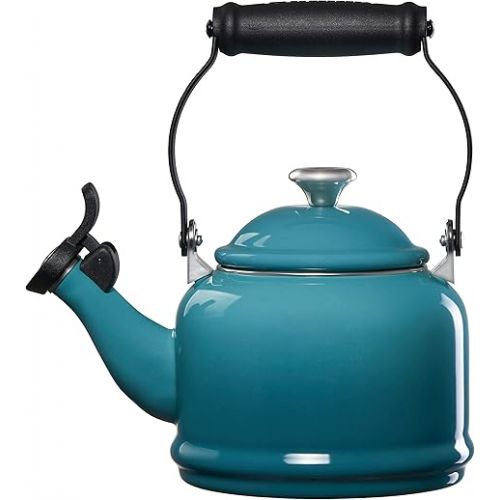 르크루제 Le Creuset Enamel On Steel Demi Tea Kettle with Metal Finishes, 1.25 qt, Caribbean