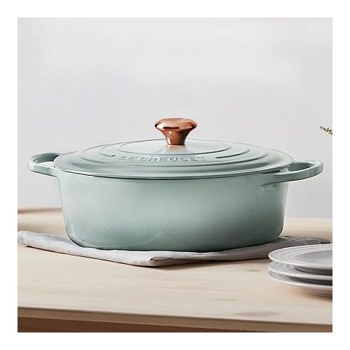 르크루제 Le Creuset Signature 6.75-quart Round Wide Oven with Copper Knob - Enameled Cast Iron (Sea Salt)