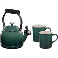 Le Creuset Enamel On Steel Demi Kettle with Metal Finishes & Stoneware Set of 2 Mugs, 1.25 qt. Kettle & (2) 14 oz. Mugs, Artichaut