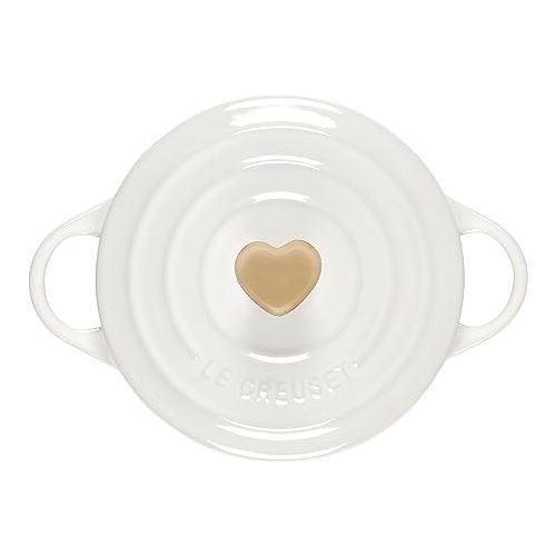 르크루제 Le Creuset Figural Hearts Collection Stoneware Mini Round Cocotte, 8oz., White with Gold Heart Knob