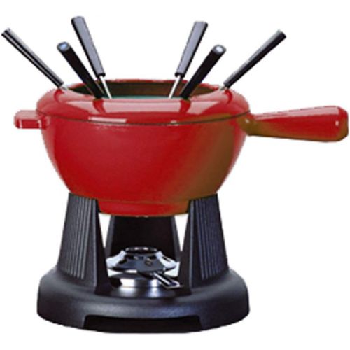 르크루제 Le Creuset Gusseisen Fondue-Set, Inkl. 2 Griffen, Spritzschutz, Rechaud und 6 Fonduegabeln, 1,6 L Volumen, Kirschrot