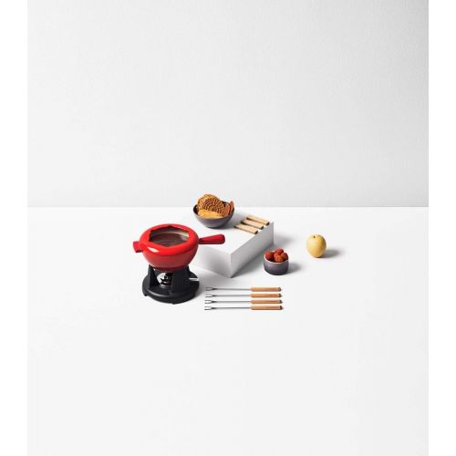 르크루제 Le Creuset Gusseisen Fondue-Set, Inkl. 2 Griffen, Spritzschutz, Rechaud und 6 Fonduegabeln, 1,6 L Volumen, Kirschrot