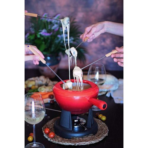 르크루제 Le Creuset Gusseisen Fondue-Set, Inkl. 2 Griffen, Spritzschutz, Rechaud und 6 Fonduegabeln, 1,6 L Volumen, Kirschrot