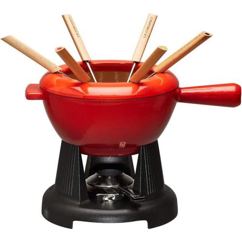 르크루제 Le Creuset Gusseisen Fondue-Set, Inkl. 2 Griffen, Spritzschutz, Rechaud und 6 Fonduegabeln, 1,6 L Volumen, Kirschrot