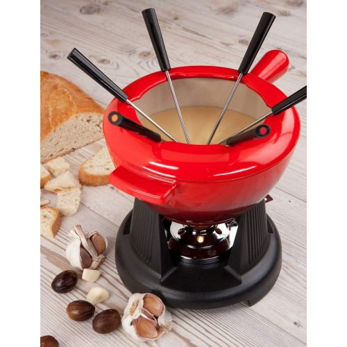 르크루제 Le Creuset Gusseisen Fondue-Set, Inkl. 2 Griffen, Spritzschutz, Rechaud und 6 Fonduegabeln, 1,6 L Volumen, Kirschrot