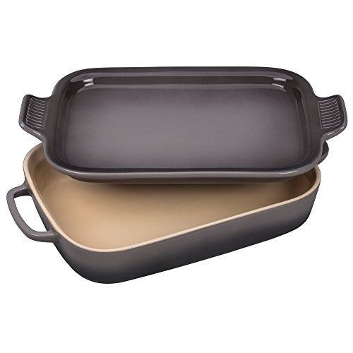 르크루제 Le Creuset of America PG2015-137F Le Creuset Stoneware Rectangular Dish with Platter Lid-Oyster, 14 3/4 x 9 x 2 1/2