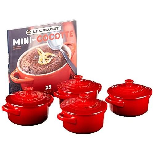 르크루제 Le Creuset PG1164CB-0867 Stoneware Mini Cocottes And Cookbook (Set of 4), 8 oz, Cerise