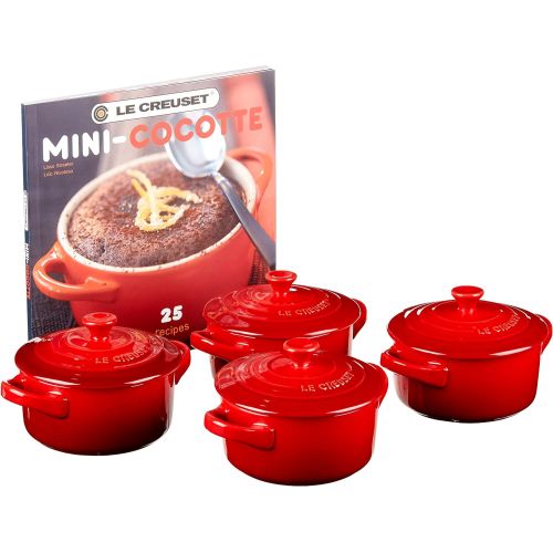 르크루제 Le Creuset PG1164CB-0867 Stoneware Mini Cocottes And Cookbook (Set of 4), 8 oz, Cerise