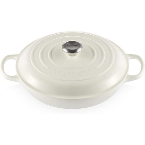 르크루제 Le Creuset LS2532-3016SS Signature Enameled Cast-Iron Round Braiser, 3 1/2 Quart, White