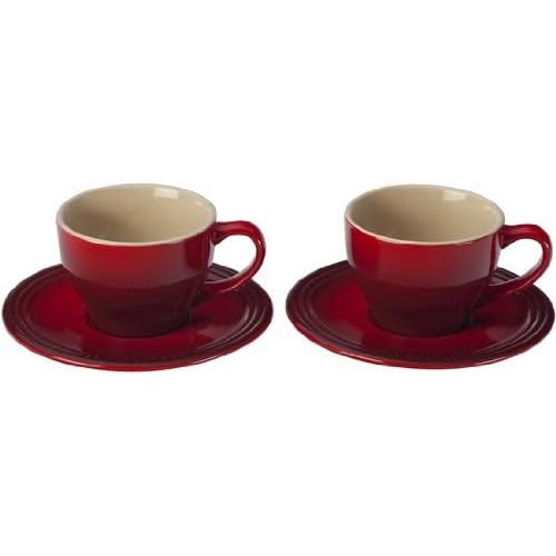 르크루제 Le Creuset Stoneware Set of 2 Cappuccino Cups and Saucers , 7 oz. each, Cerise